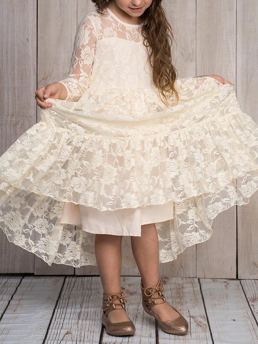 Elegant Lace Long-Sleeve Flower Girl Dress with Round Neckline #color_White Elegant Lace Long-Sleeve Flower Girl Dress with Round Neckline