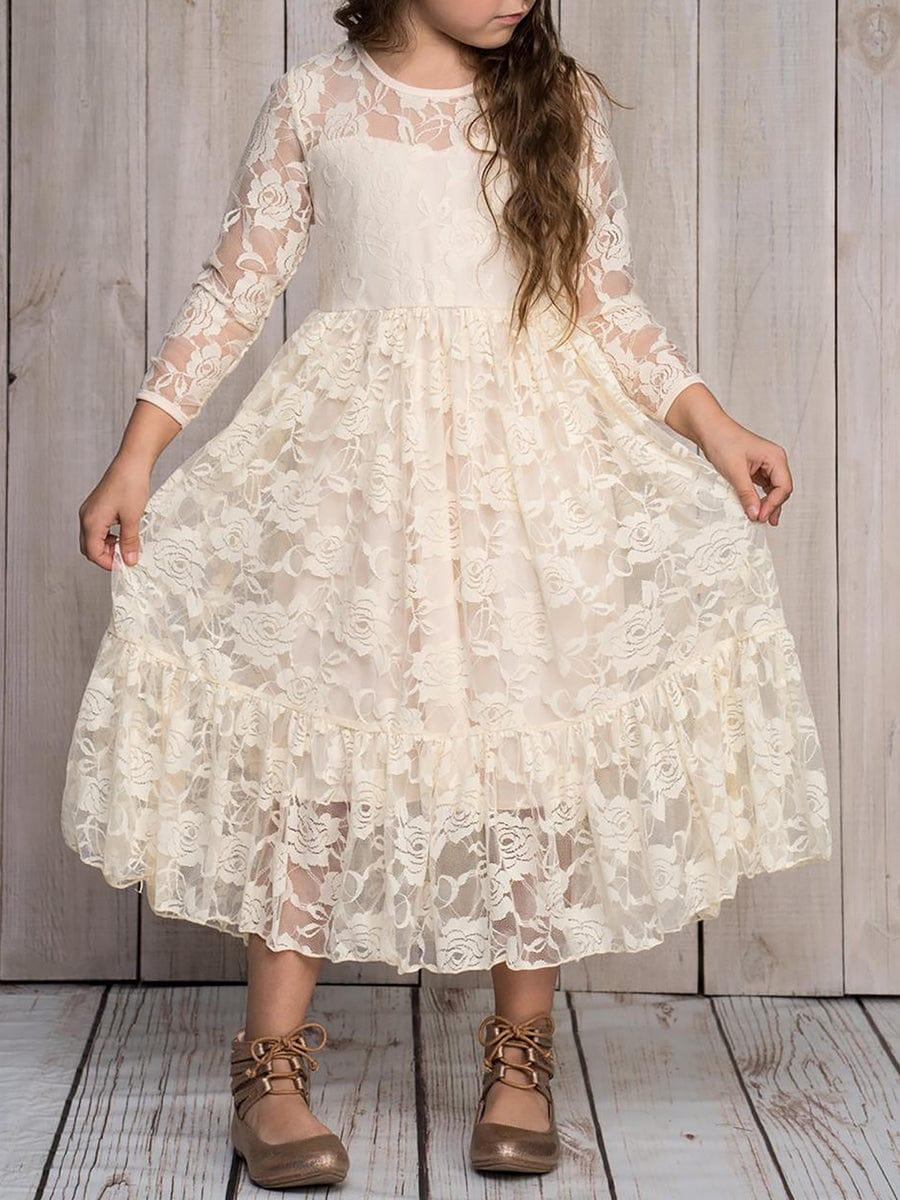 Elegant Lace Long-Sleeve Flower Girl Dress with Round Neckline #color_White Elegant Lace Long-Sleeve Flower Girl Dress with Round Neckline