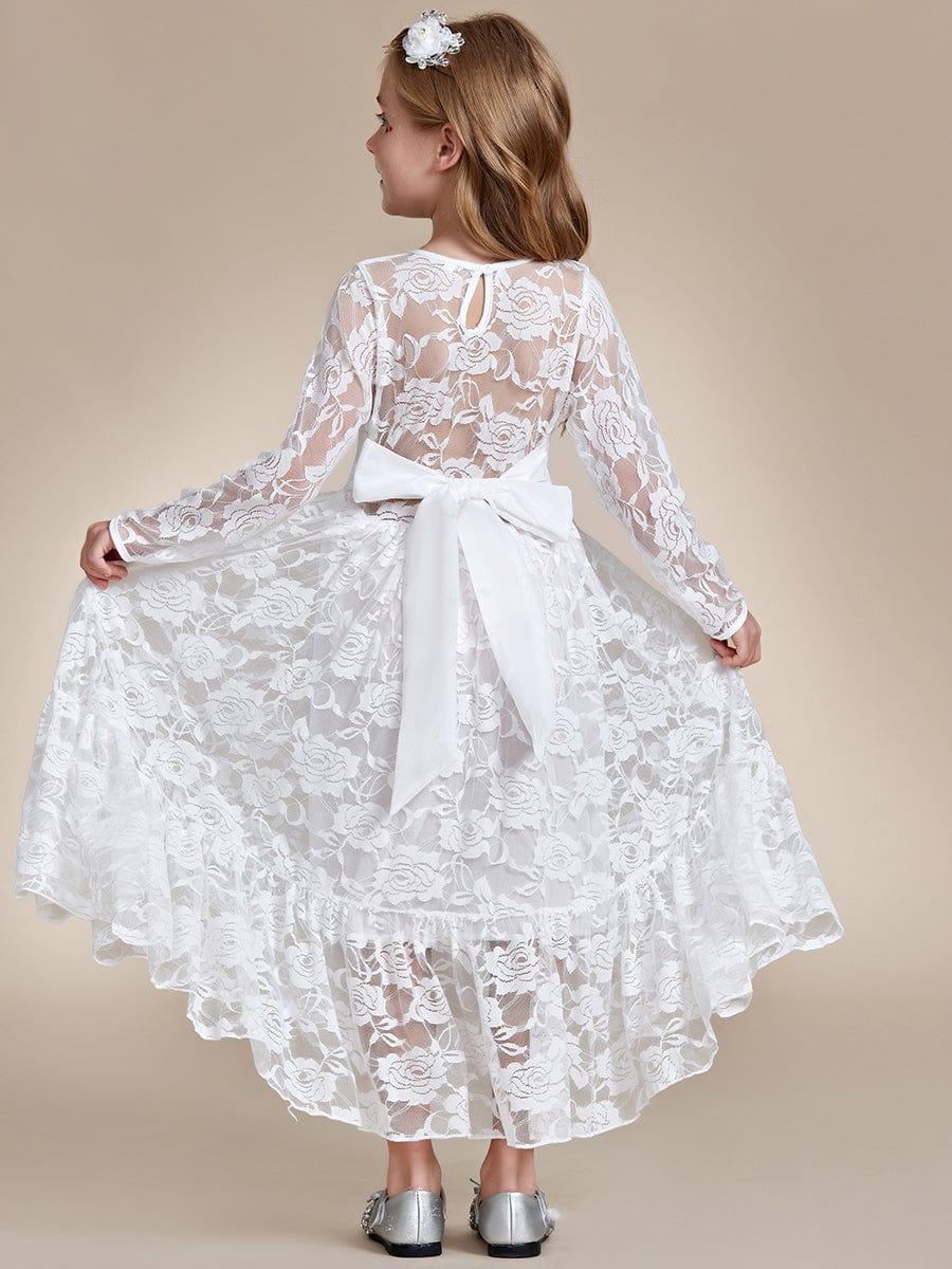 Elegant Lace Long-Sleeve Flower Girl Dress with Round Neckline #color_White