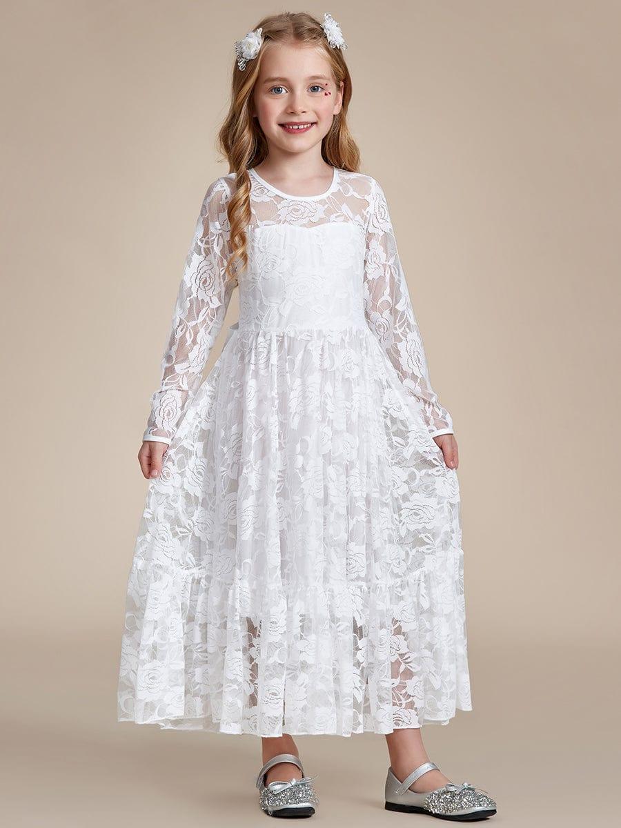 Elegant Lace Long-Sleeve Flower Girl Dress with Round Neckline #color_White Elegant Lace Long-Sleeve Flower Girl Dress with Round Neckline