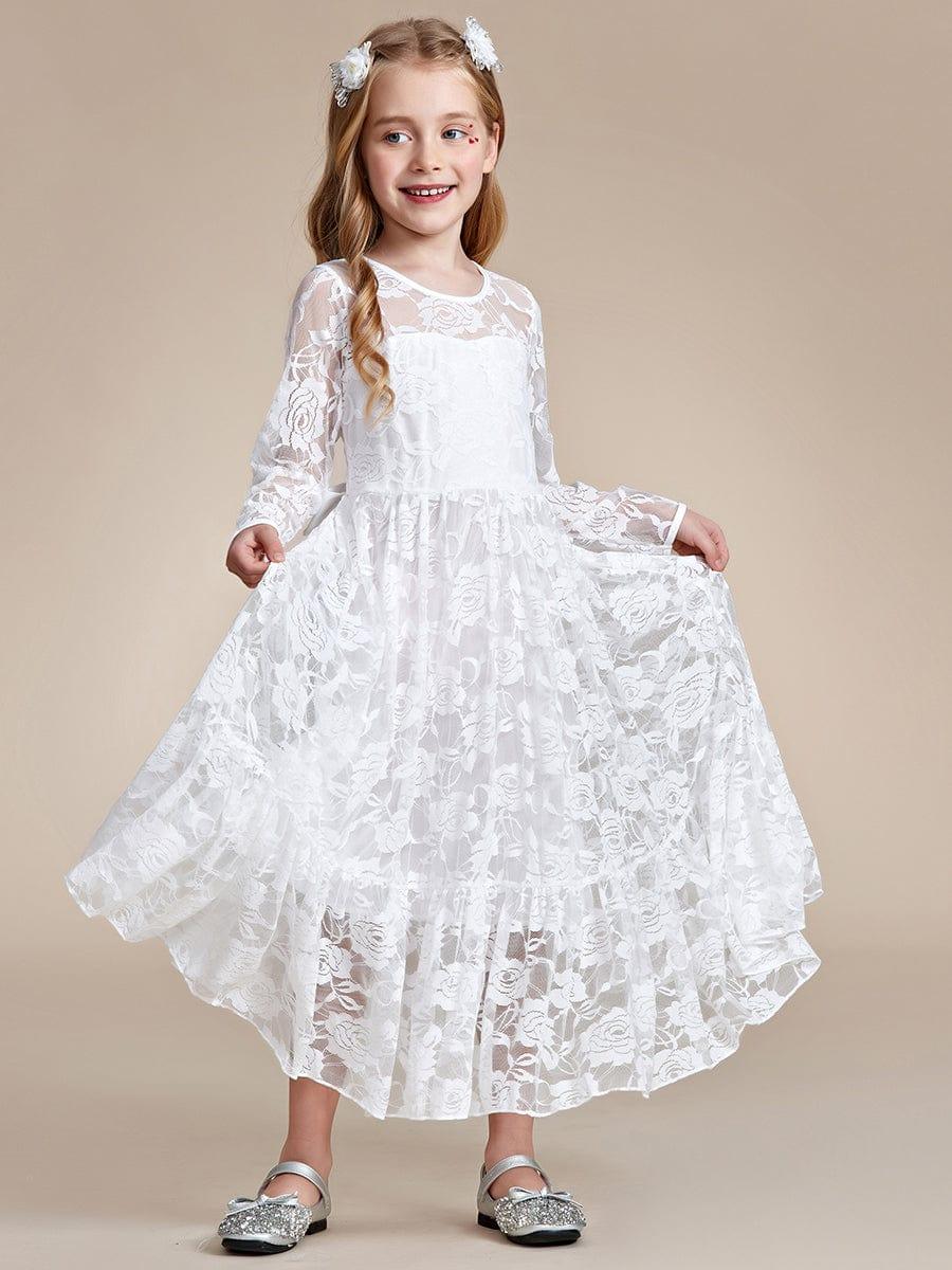 Elegant Lace Long-Sleeve Flower Girl Dress with Round Neckline #color_White Elegant Lace Long-Sleeve Flower Girl Dress with Round Neckline