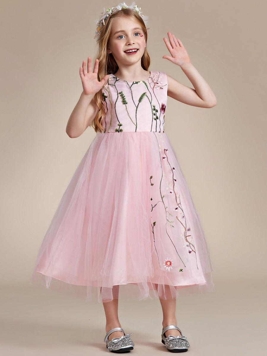 Embroidered Tulle Sleeveless Flower Girl Dress #color_Pink Embroidered Tulle Sleeveless Flower Girl Dress