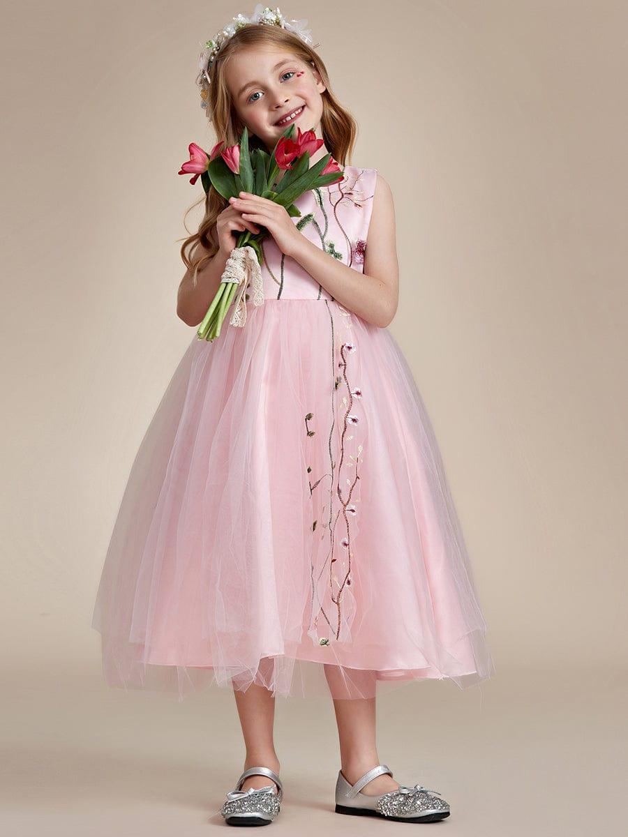 Embroidered Tulle Sleeveless Flower Girl Dress #color_Pink Embroidered Tulle Sleeveless Flower Girl Dress