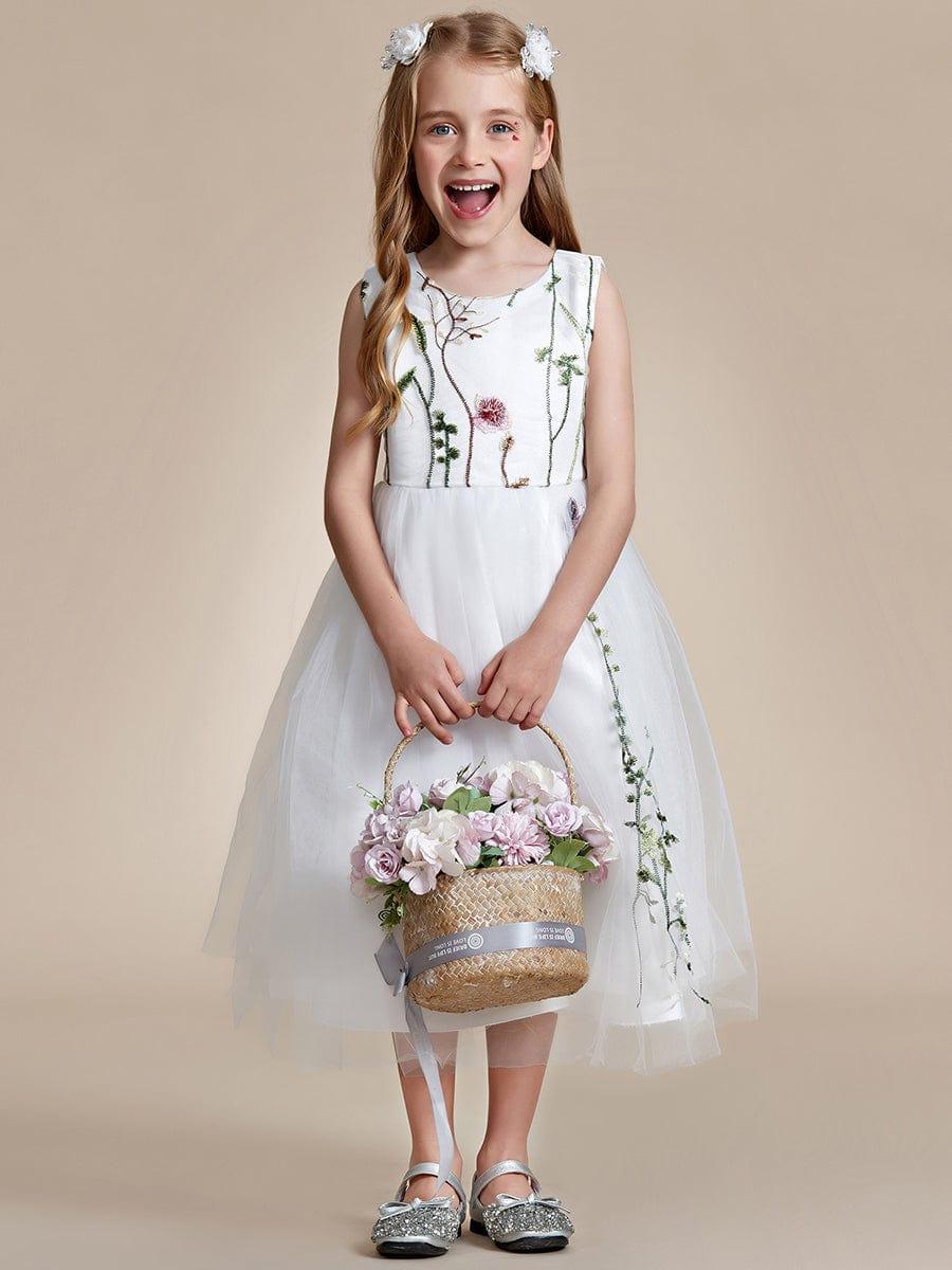 Embroidered Tulle Sleeveless Flower Girl Dress #color_Pink Embroidered Tulle Sleeveless Flower Girl Dress