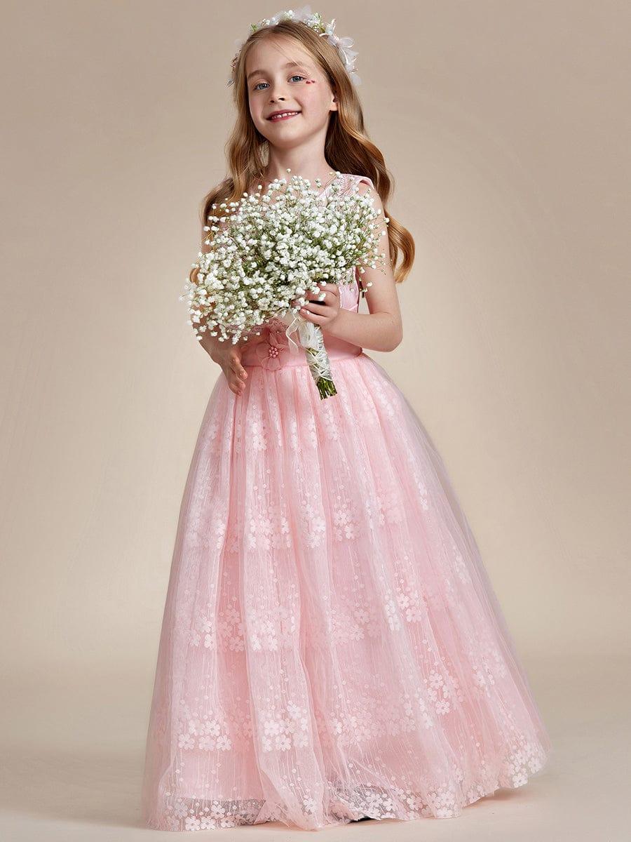 Floral Tulle Applique Princess Flower Girl Dress With Satin Back #color_Pink