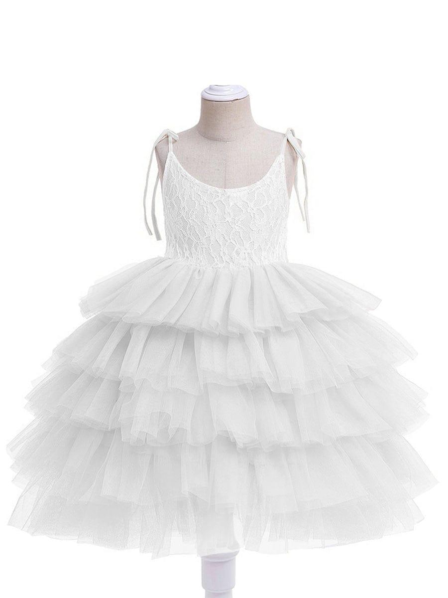Multi-Layered Tulle Princess Flower Girl Dress with Spaghetti Straps #color_White