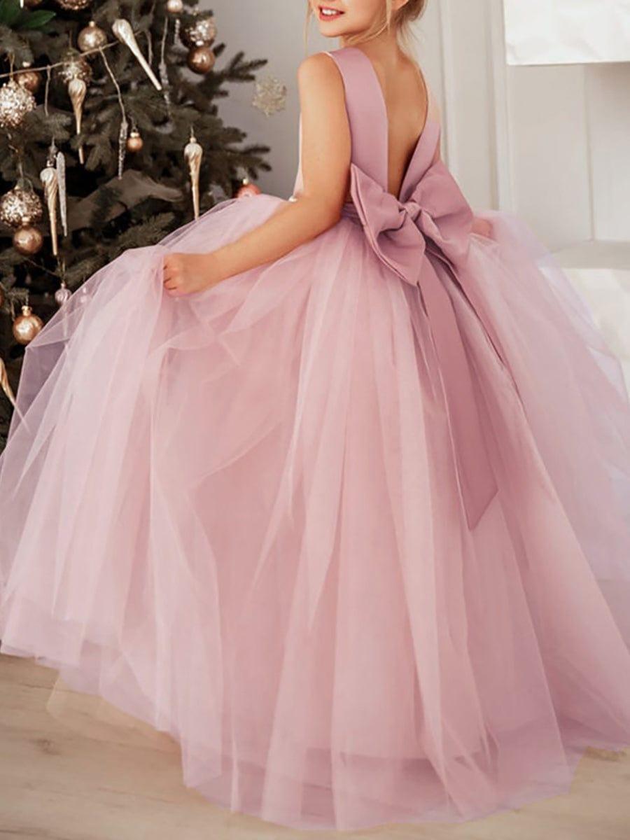 Satin Beaded Tulle Princess Flower Girl Dress With Back Bow #color_Cameo Brown