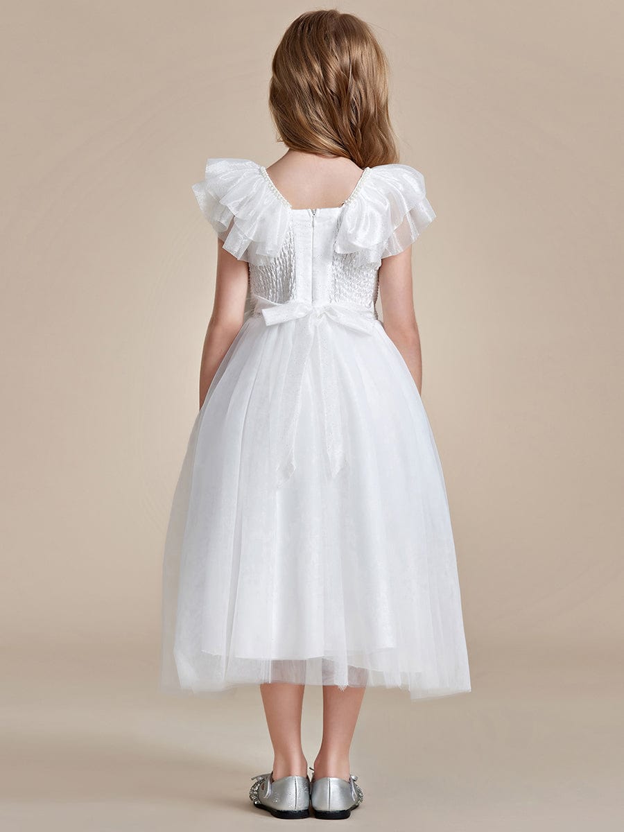 Charming Round Neck Tulle Flower Girl Dress with Bow #color_White Charming Round Neck Tulle Flower Girl Dress with Bow