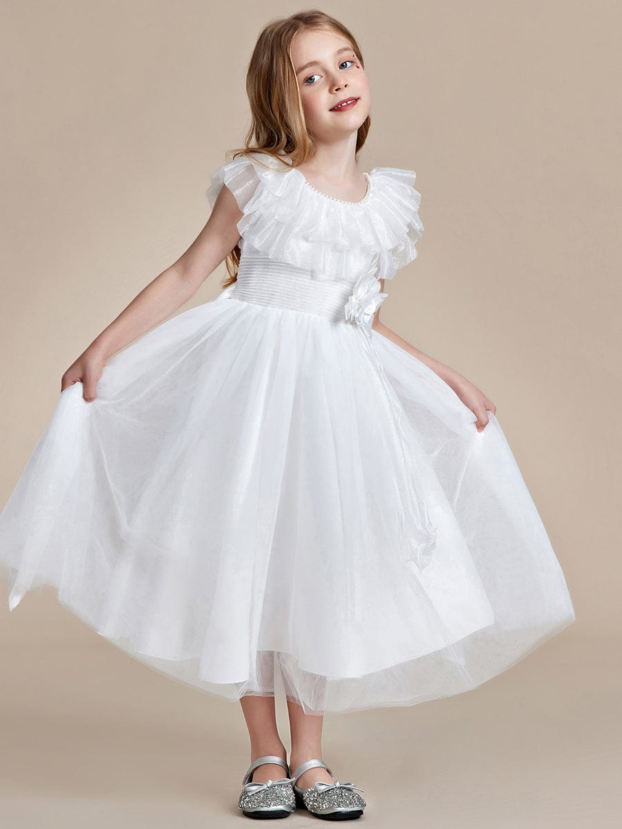 Charming Round Neck Tulle Flower Girl Dress with Bow #color_White Charming Round Neck Tulle Flower Girl Dress with Bow
