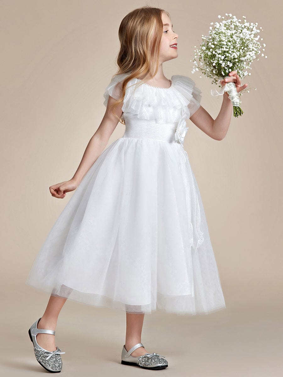 Charming Round Neck Tulle Flower Girl Dress with Bow #color_White Charming Round Neck Tulle Flower Girl Dress with Bow
