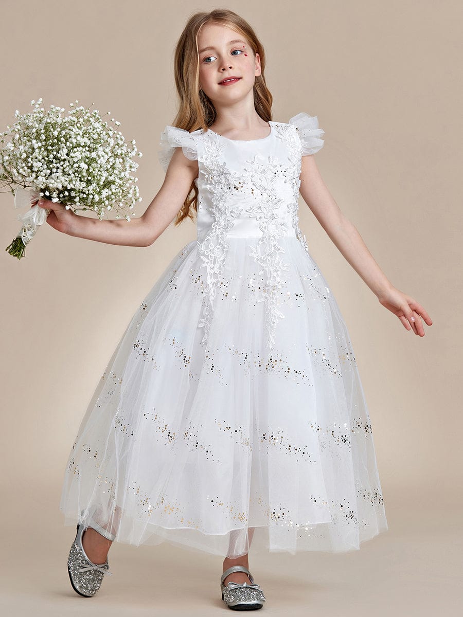 Lace and Sparkle Princess Flower Girl Dress with Flutter Sleeves #color_White