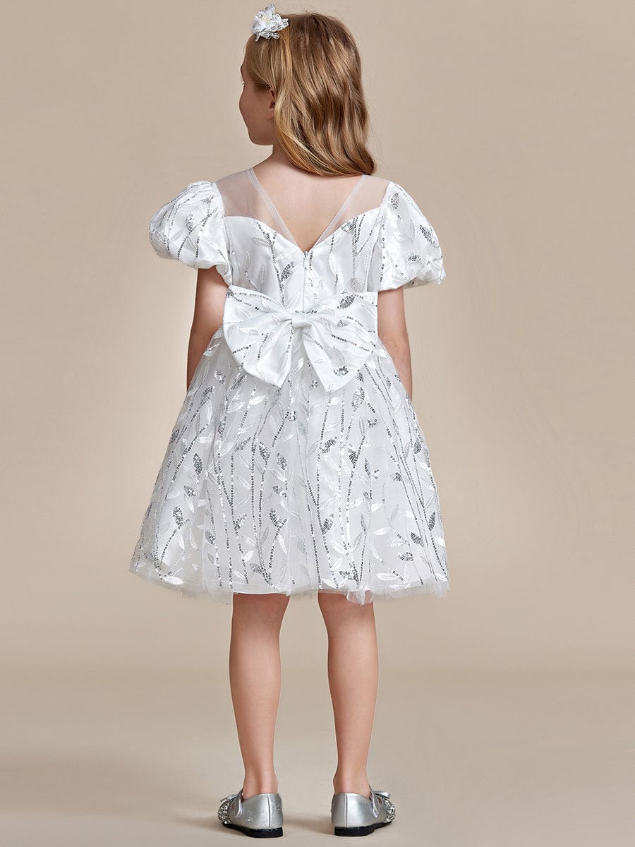 Sparkling A-line Flower Girl Dress with Puffy Sleeves #color_White