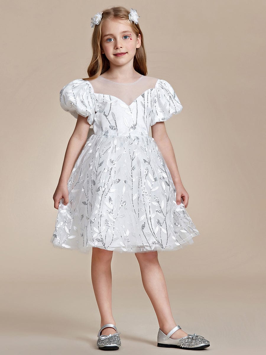 Sparkling A-line Flower Girl Dress with Puffy Sleeves