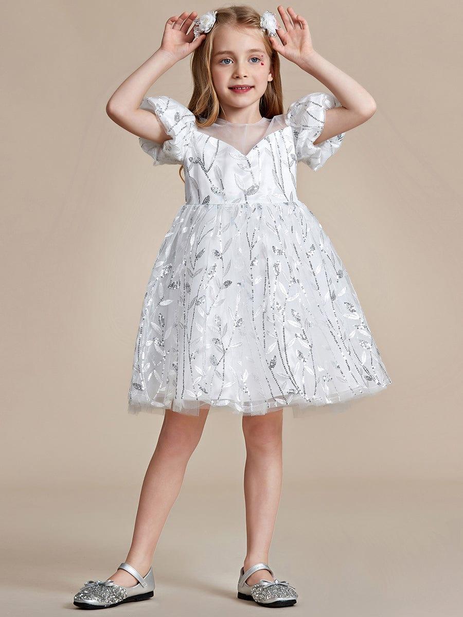Sparkling A-line Flower Girl Dress with Puffy Sleeves #color_White Sparkling A-line Flower Girl Dress with Puffy Sleeves