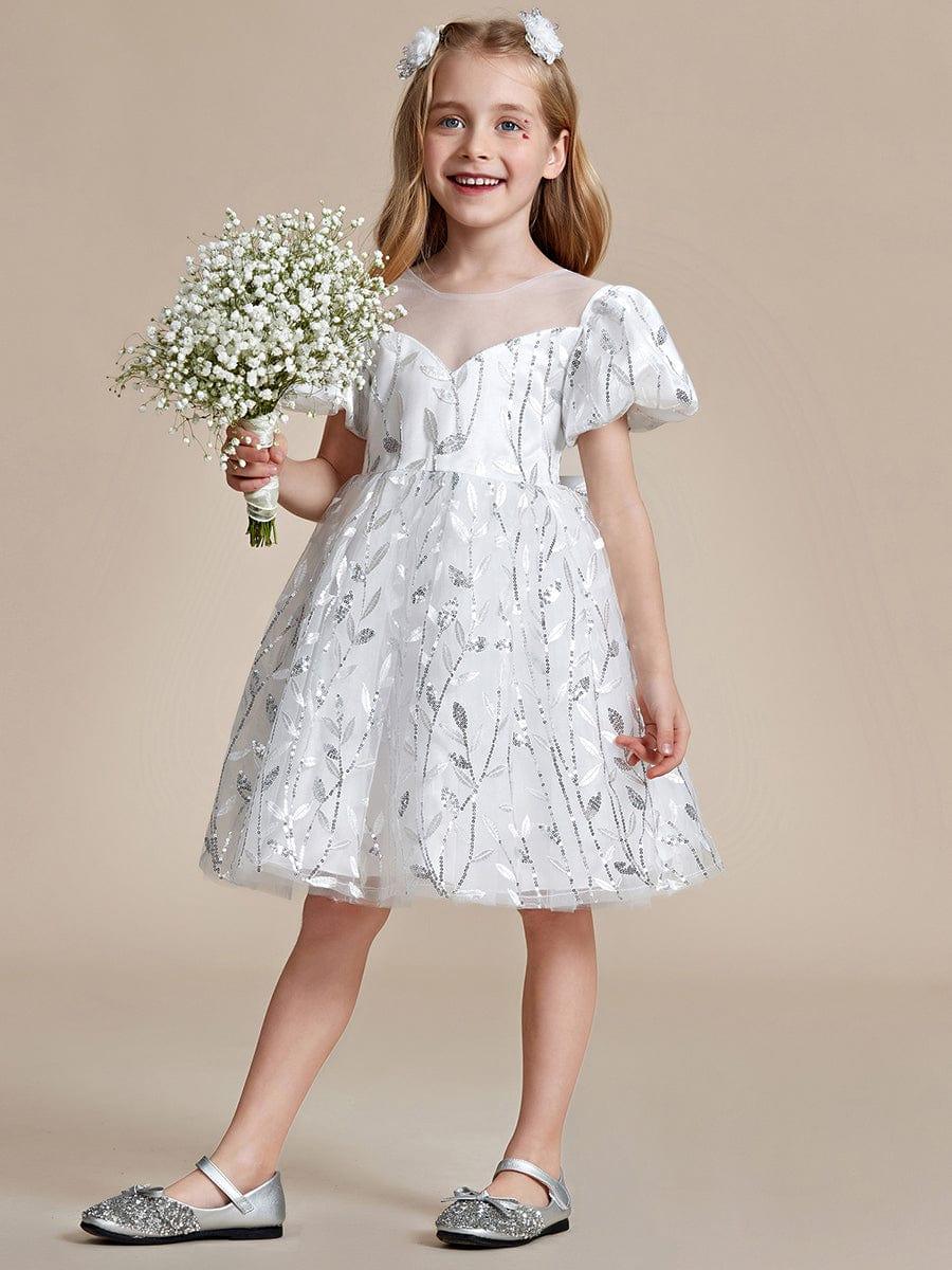 Sparkling A-line Flower Girl Dress with Puffy Sleeves #color_White