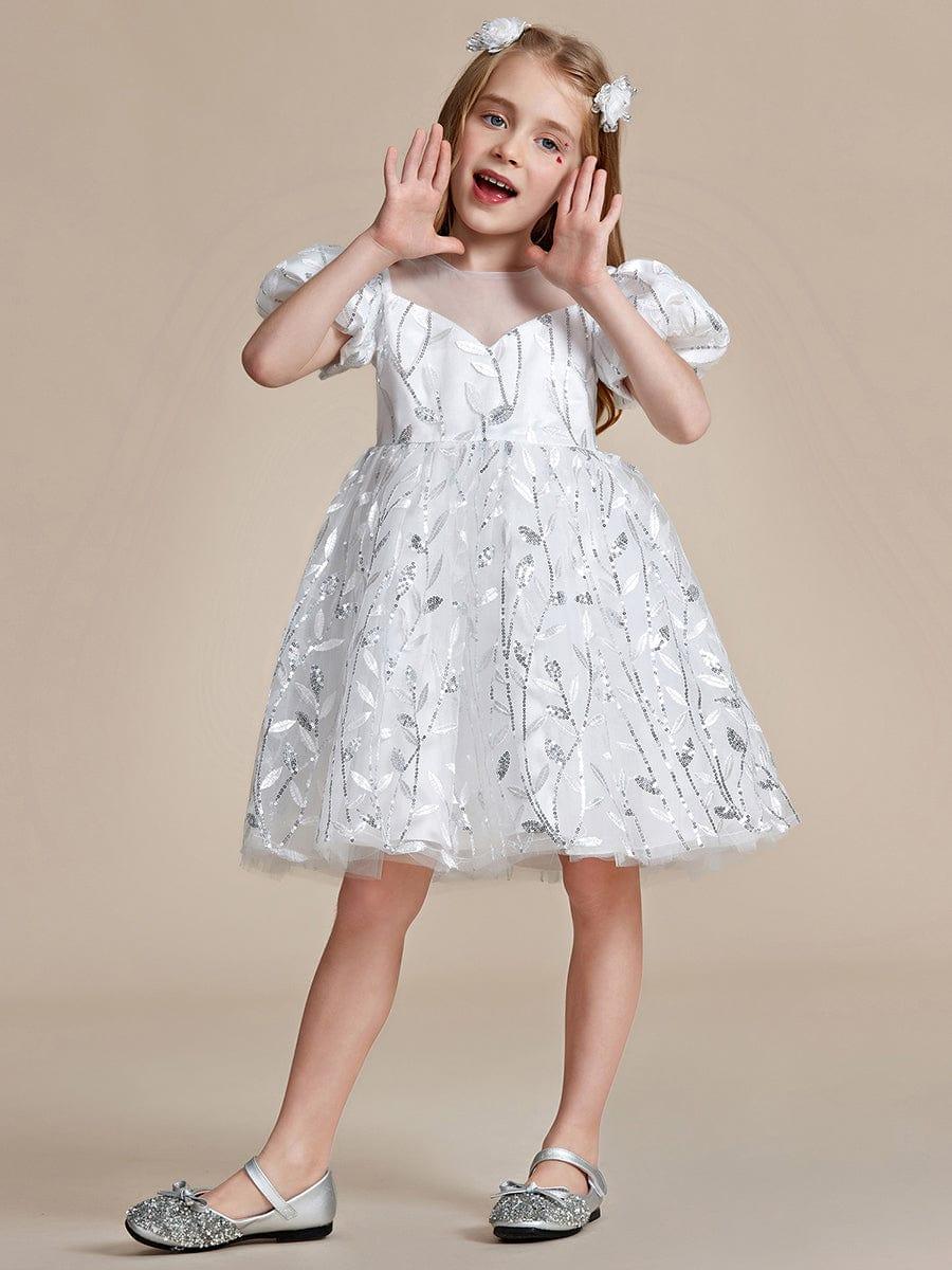 Sparkling A-line Flower Girl Dress with Puffy Sleeves #color_White Sparkling A-line Flower Girl Dress with Puffy Sleeves