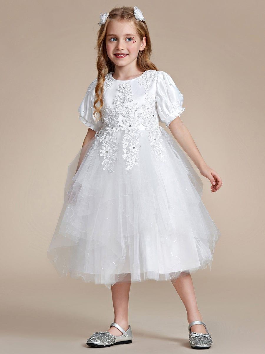 Lovely Lace Bubble Sleeve Princess Dress #color_White Lovely Lace Bubble Sleeve Princess Dress