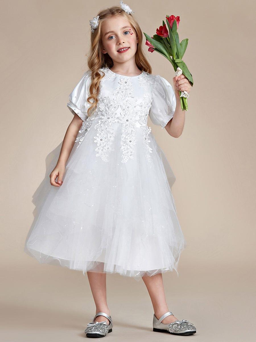 Lovely Lace Bubble Sleeve Princess Dress #color_White Lovely Lace Bubble Sleeve Princess Dress
