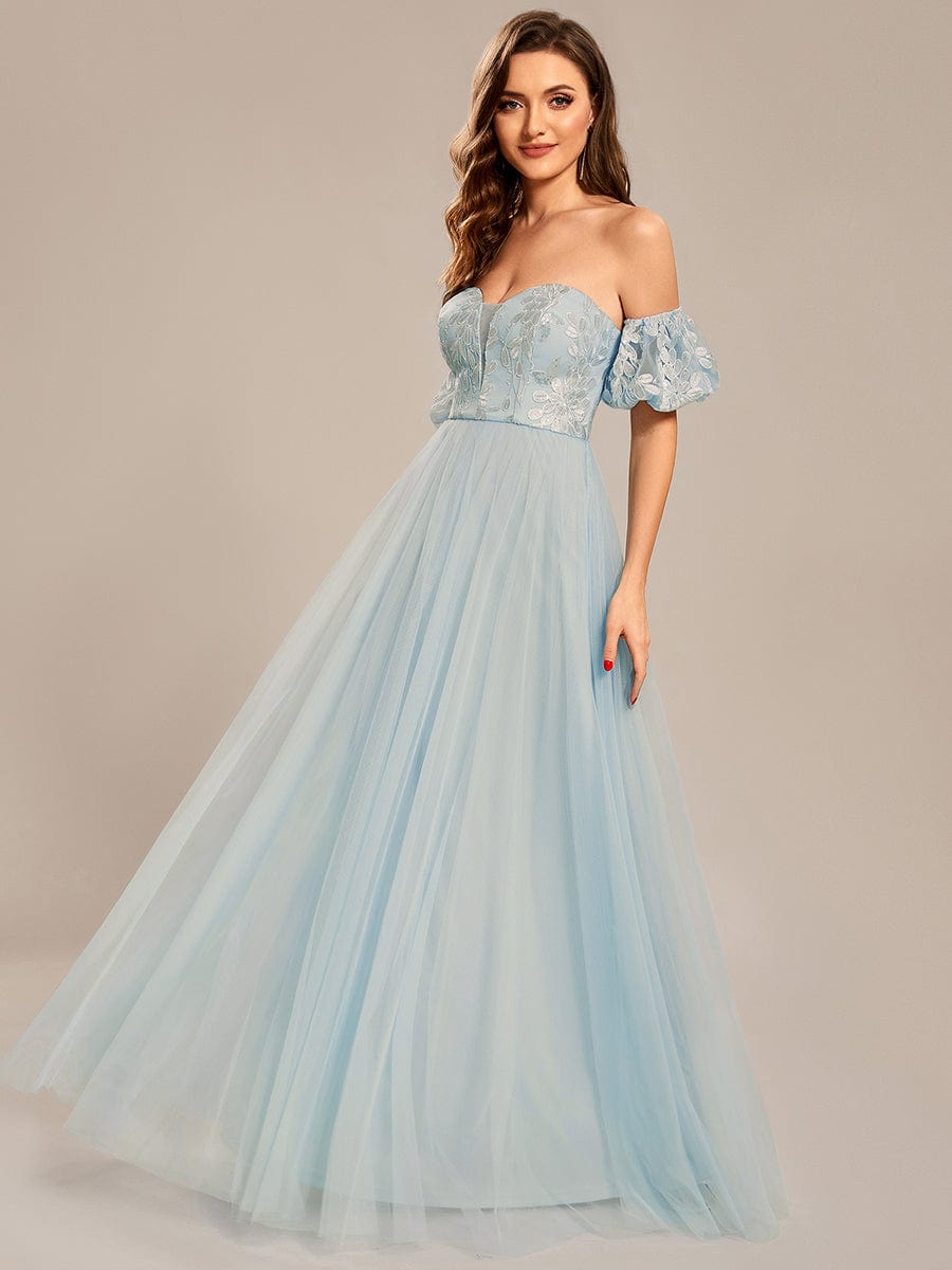 Custom Size Puffy Sleeve Sweetheart Princess Style Tulle Prom Dress #color_Sky Blue Custom Size Puffy Sleeve Sweetheart Princess Style Tulle Prom Dress