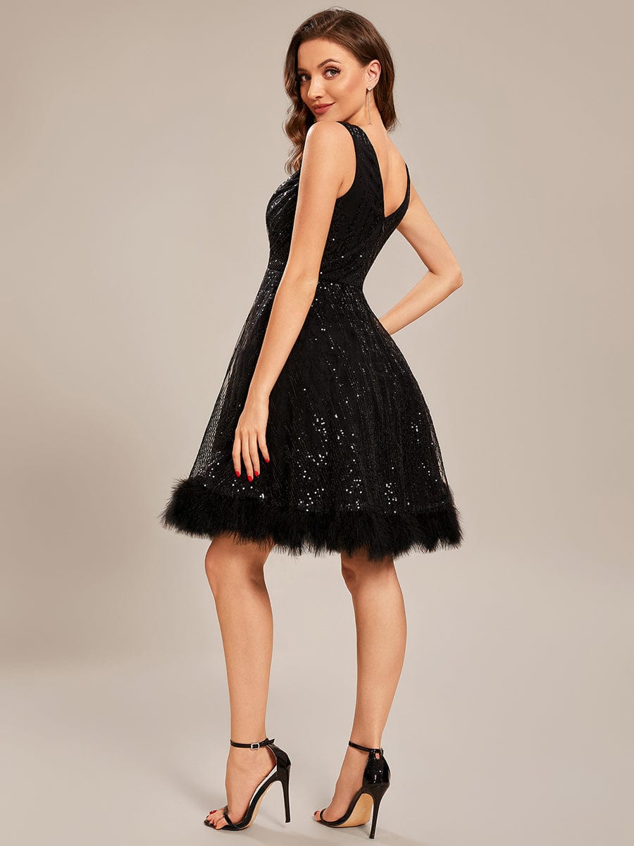 Custom Size flowing Sequin Short swan feather Prom Dress #color_Black Custom Size flowing Sequin Short swan feather Prom Dress