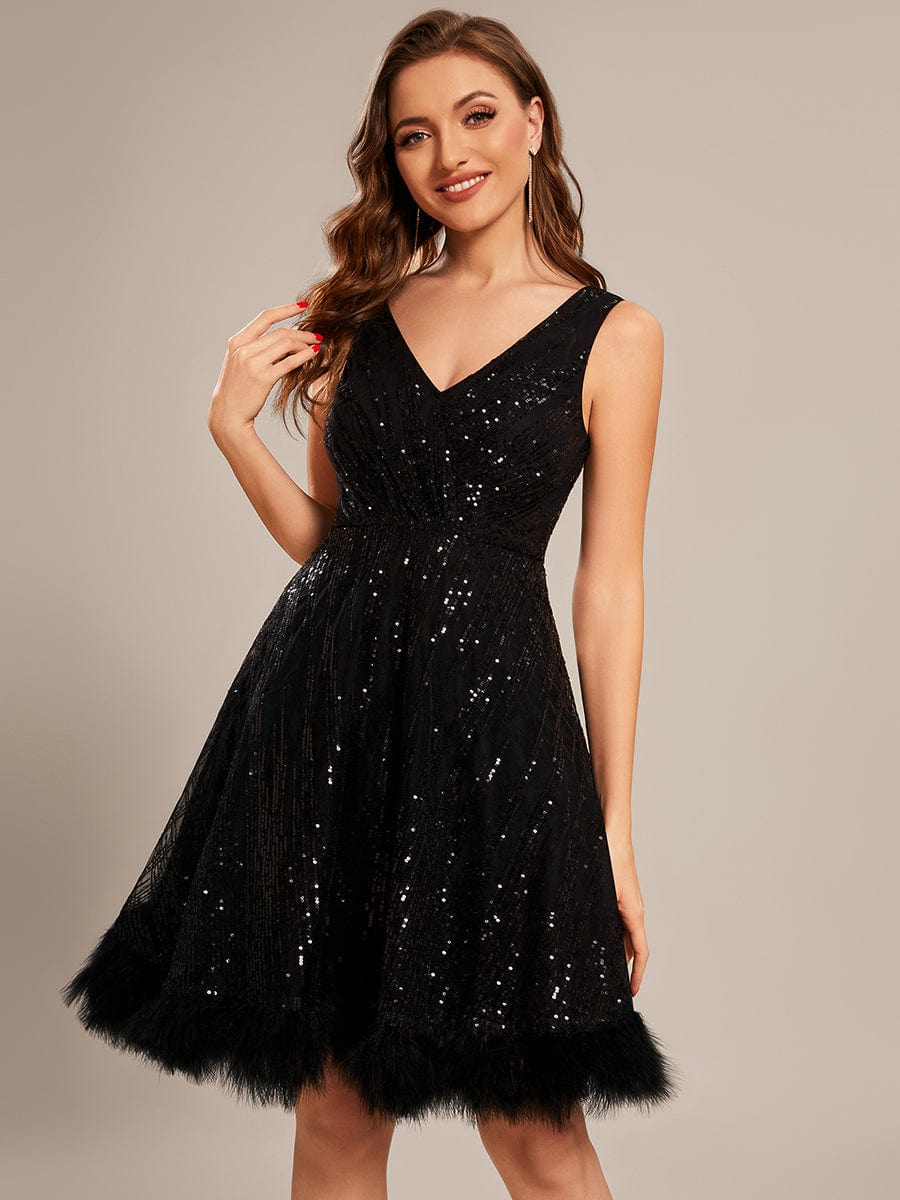 Custom Size flowing Sequin Short swan feather Prom Dress #color_Black Custom Size flowing Sequin Short swan feather Prom Dress