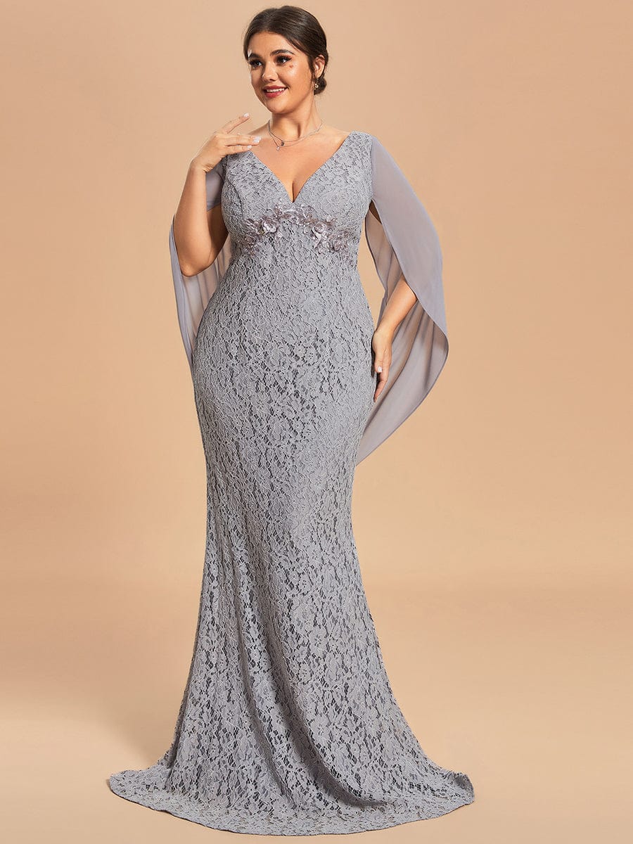 Custom Size Elegant Lace Fish Tail Long Dress for Mothers #color_Grey Custom Size Elegant Lace Fish Tail Long Dress for Mothers