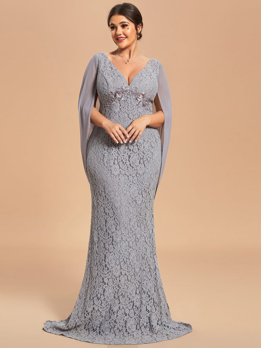 Custom Size Elegant Lace Fish Tail Long Dress for Mothers #color_Grey Custom Size Elegant Lace Fish Tail Long Dress for Mothers