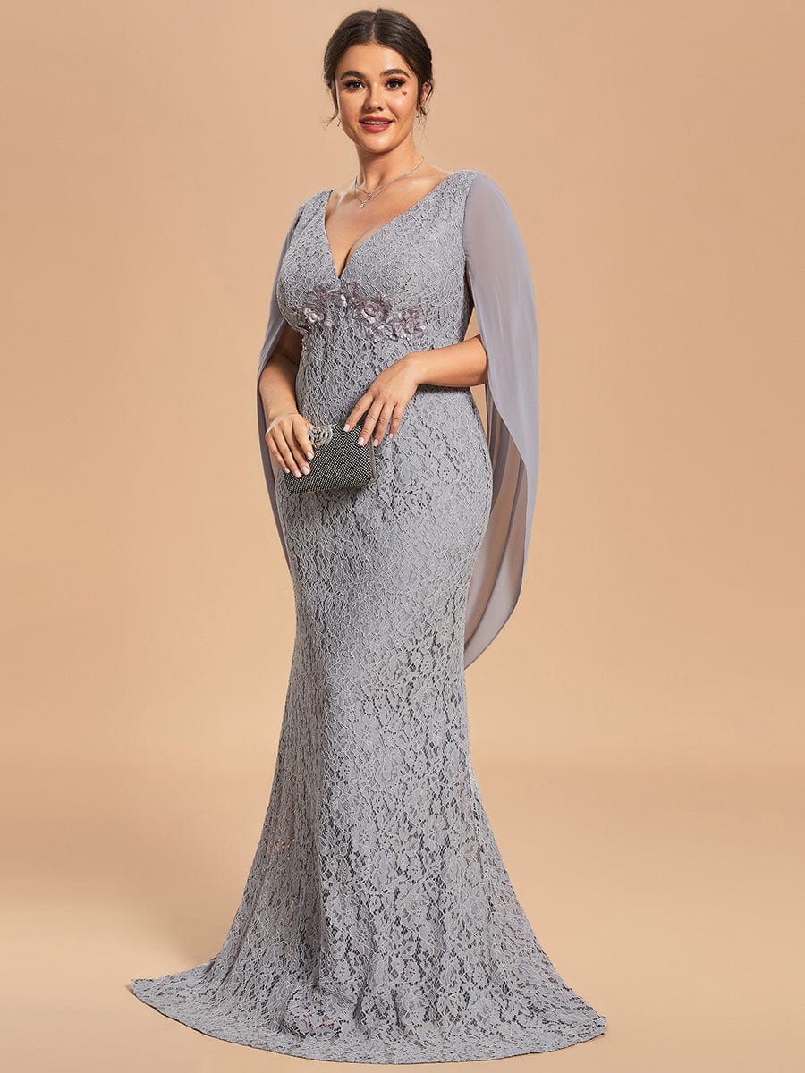 Custom Size Elegant Lace Fish Tail Long Dress for Mothers #color_Grey Custom Size Elegant Lace Fish Tail Long Dress for Mothers