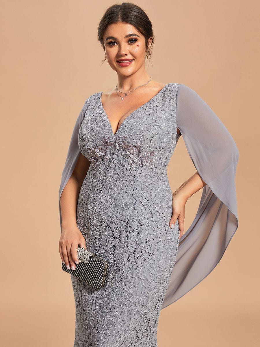 Custom Size Elegant Lace Fish Tail Long Dress for Mothers #color_Grey Custom Size Elegant Lace Fish Tail Long Dress for Mothers