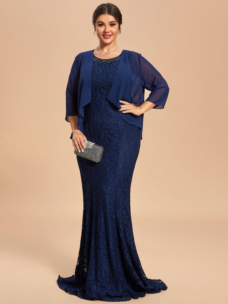 Custom Size Elegant Lace Mermaid Dress with Chiffon Jacket Two-Piece Set #color_Navy Blue Custom Size Elegant Lace Mermaid Dress with Chiffon Jacket Two-Piece Set