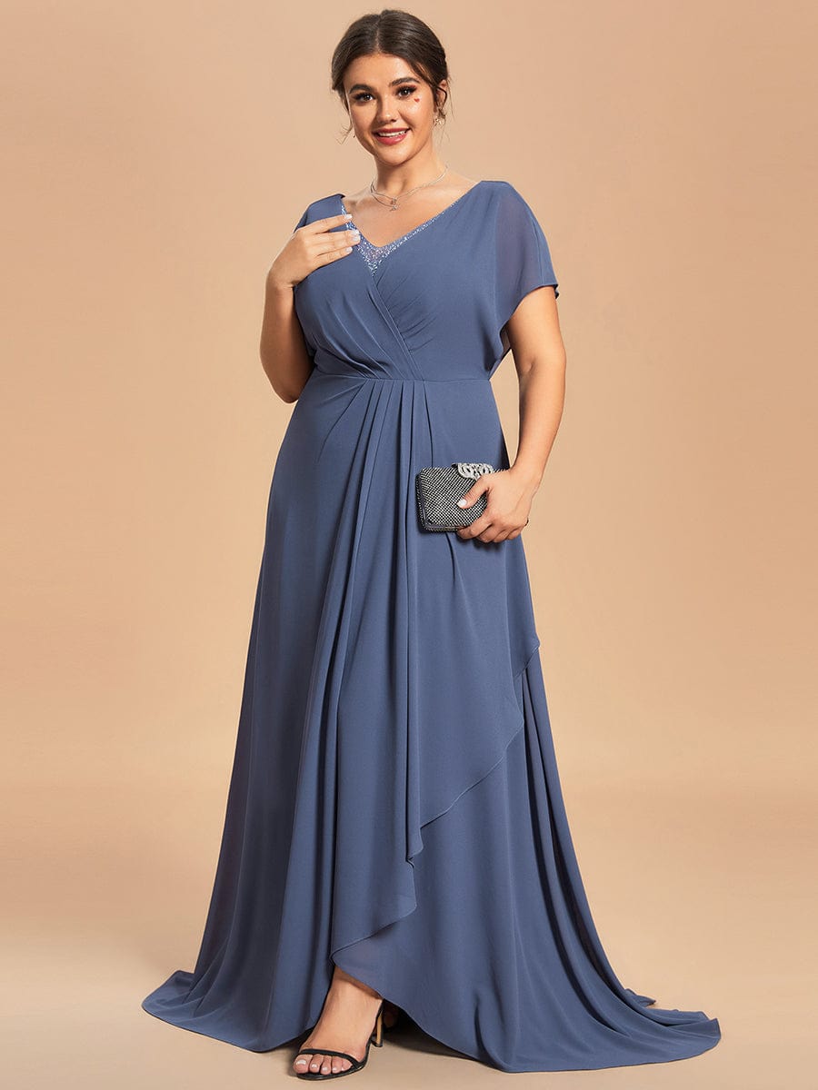 Custom Size Elegant V-neck Chiffon Short Sleeve Long Mother of the Bride Dress for Wedding #color_Stormy Custom Size Elegant V-neck Chiffon Short Sleeve Long Mother of the Bride Dress for Wedding