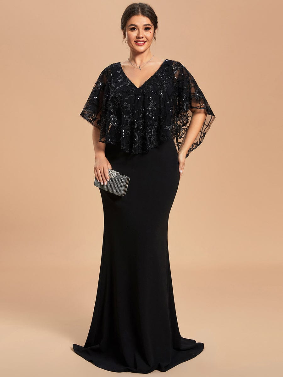 Custom Size V-Neck Sequins Cape Short Sleeves Long Mother of the Bride Dress #color_Black Custom Size V-Neck Sequins Cape Short Sleeves Long Mother of the Bride Dress