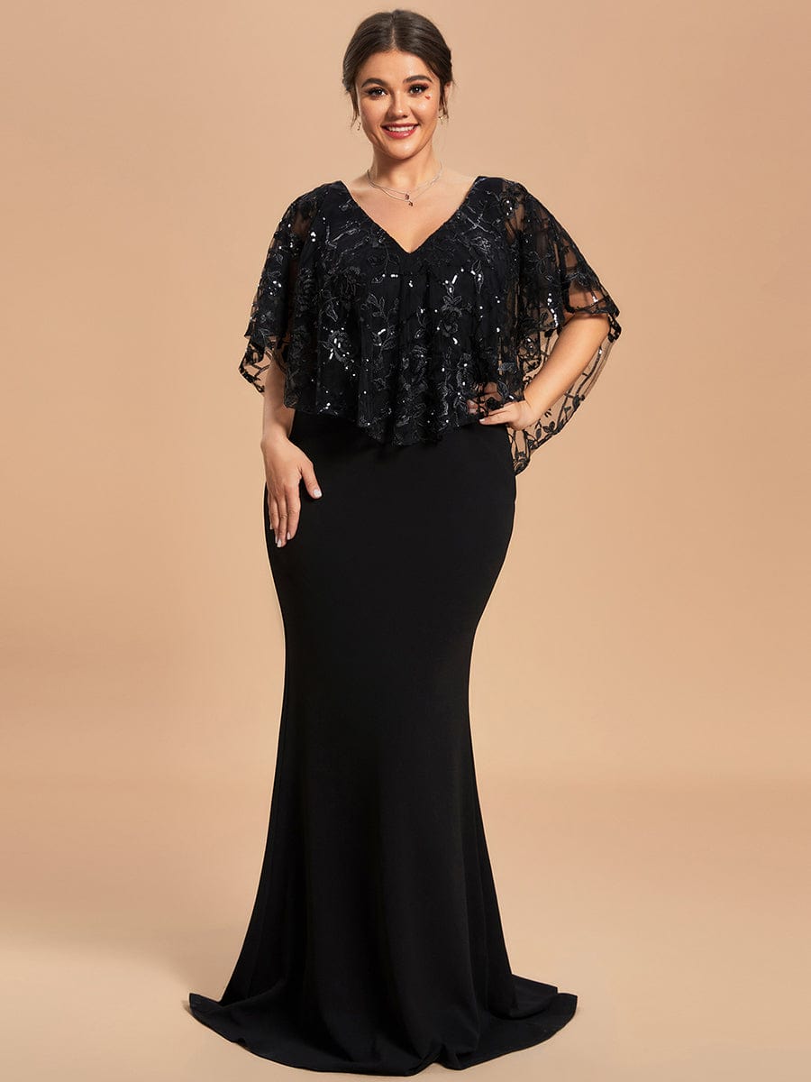 Custom Size V-Neck Sequins Cape Short Sleeves Long Mother of the Bride Dress #color_Black Custom Size V-Neck Sequins Cape Short Sleeves Long Mother of the Bride Dress