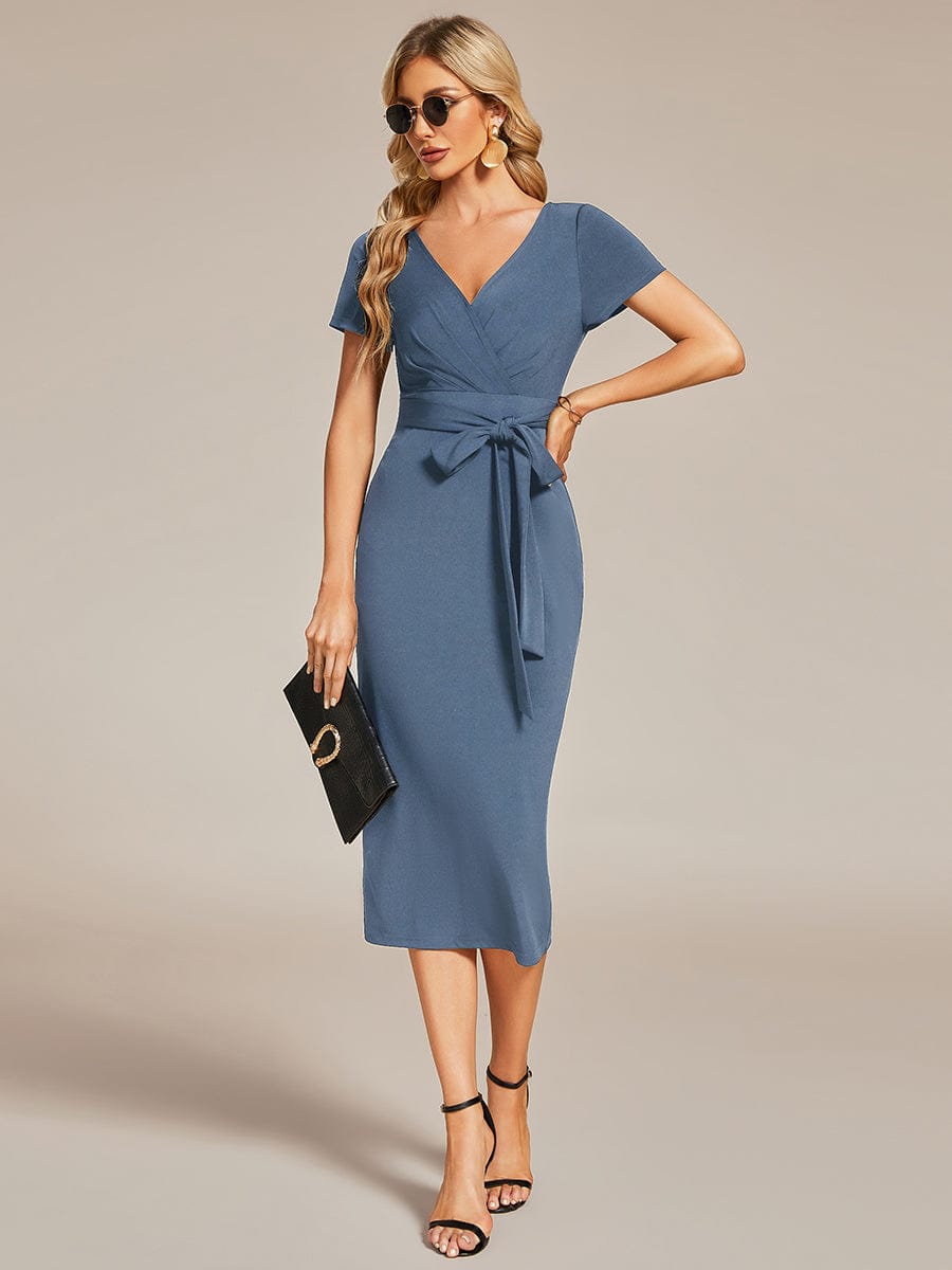 Chic Short Sleeve V-Neck Tie-Waist High Sheath Wedding Guest Dress #color_Dusty Navy