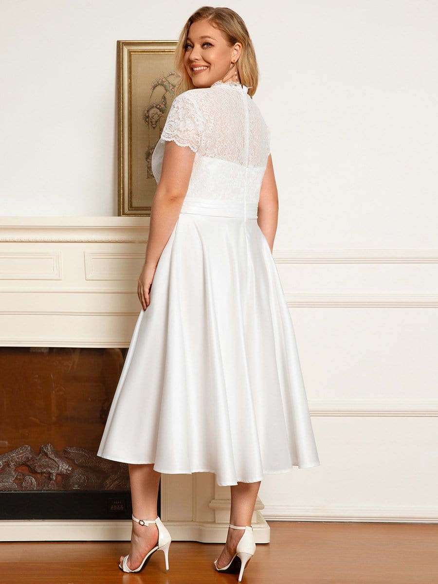 Plus Size Lace Cap Sleeve V neck Midi Cocktail Dress #color_White