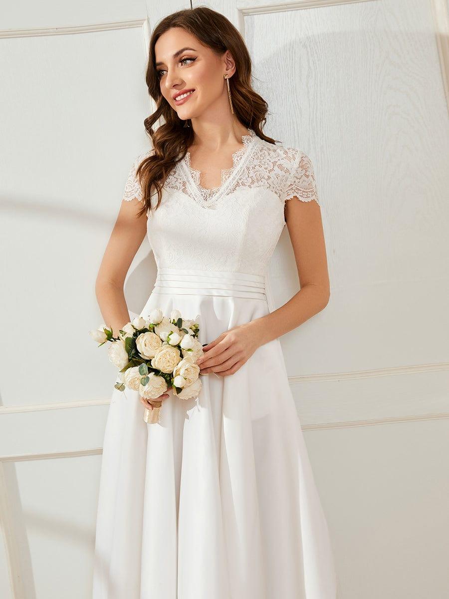 Embroidered Floral V Neck Short Sleeves Midi A-Line Formal Dress #color_White