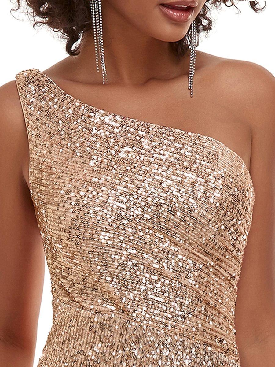 Sequined Long One-Shoulder Evening Dress with Split #color_Rose Gold