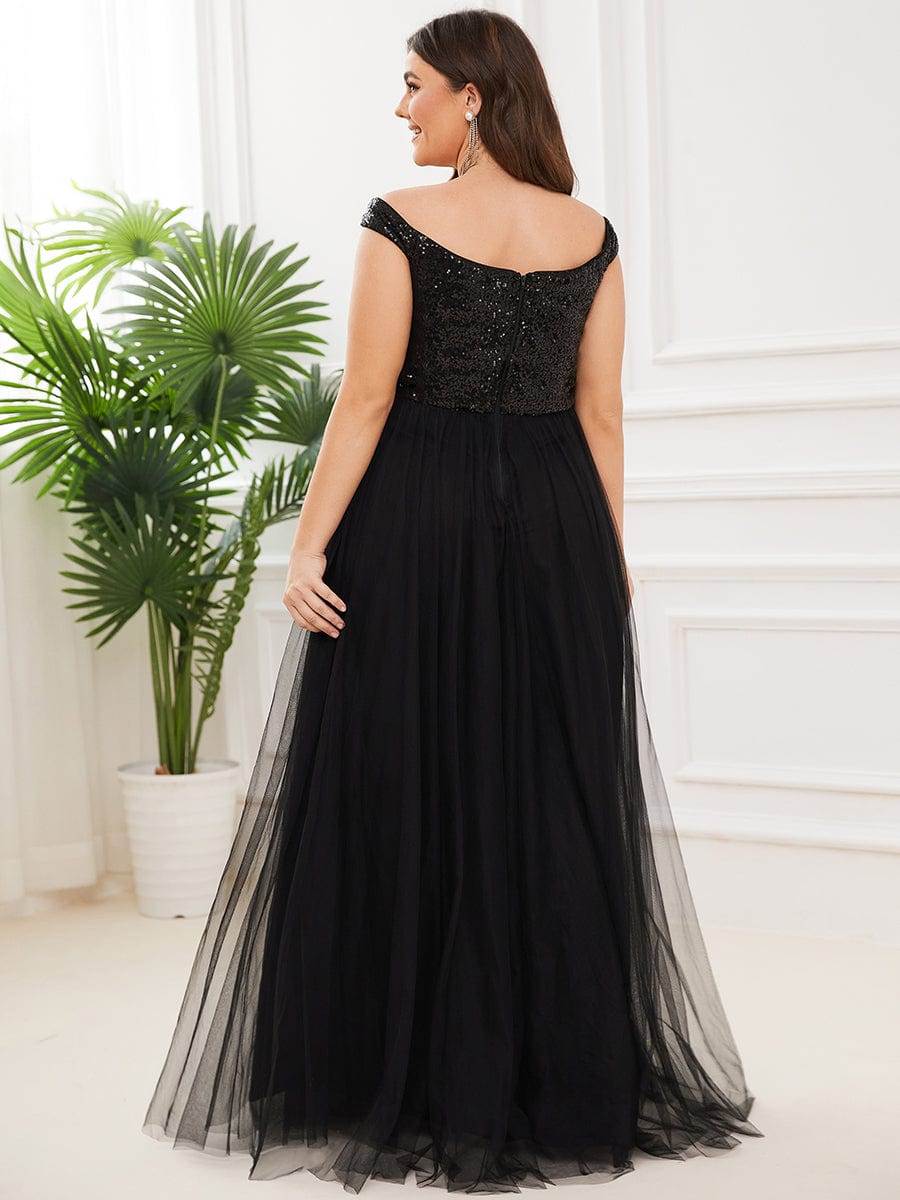 Plus Size Stunning High Waist Tulle & Sequin Sleeveless Evening Dress #color_Black