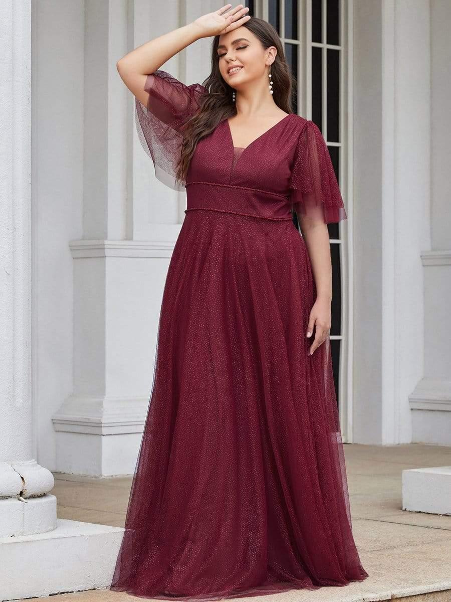 Romantic Plus Size Tulle Evening Dress with Deep V Neck #color_Burgundy
