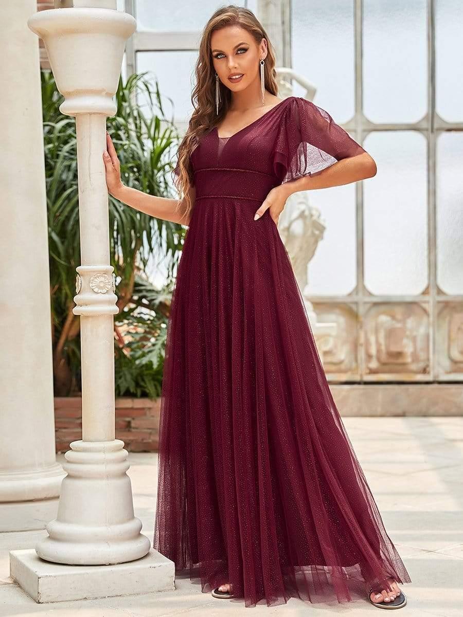 Cute Deep V Neck Maxi A-Line Tulle Evening Dress #color_Burgundy