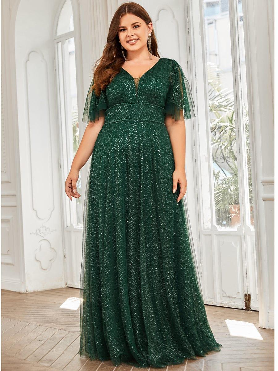 Long Tulle Dress with Deep V Neck Satin Sash Decor Watermelon Plus Size