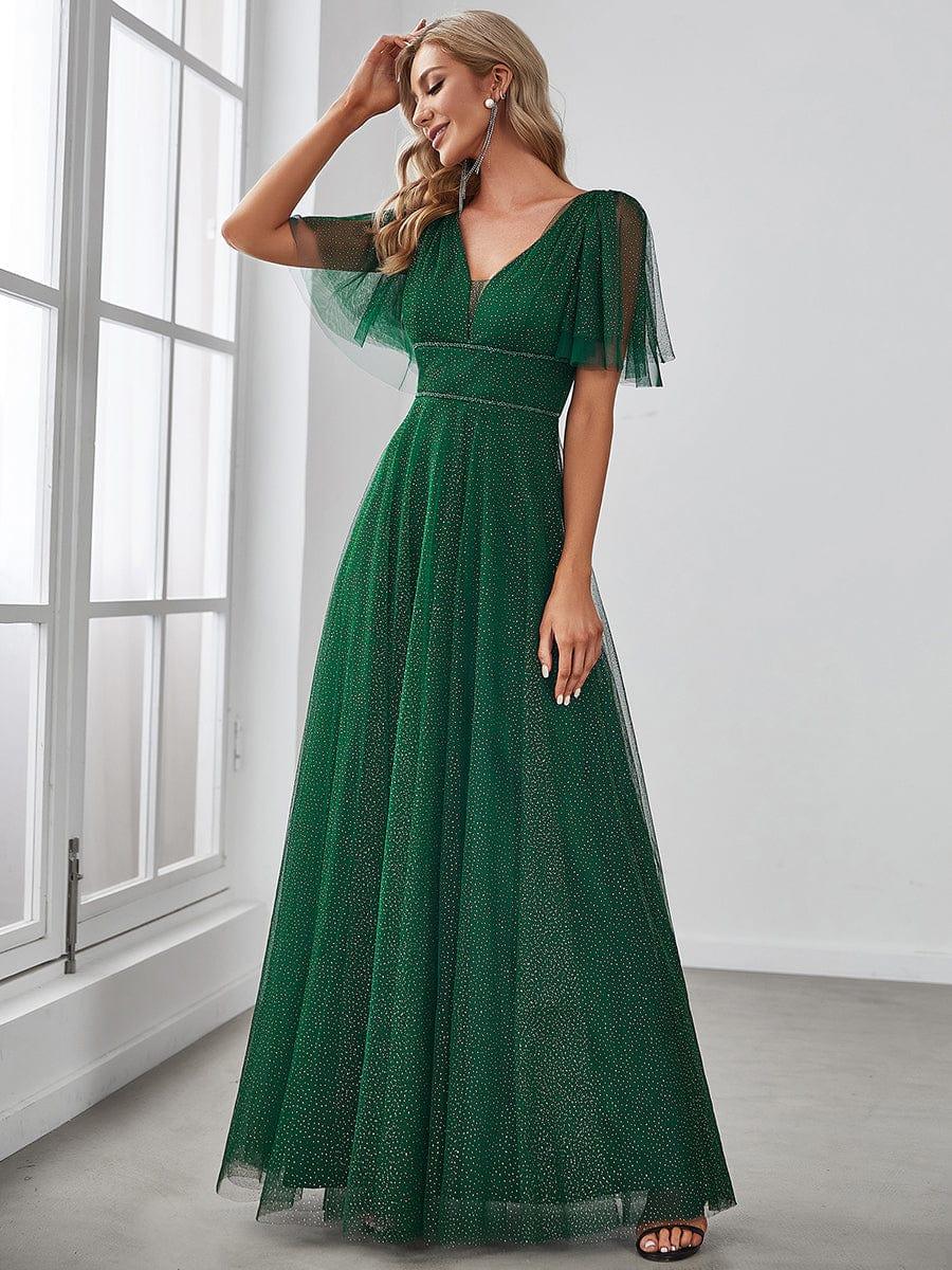Cute Deep V Neck Maxi A-Line Tulle Evening Dress #color_Dark Green