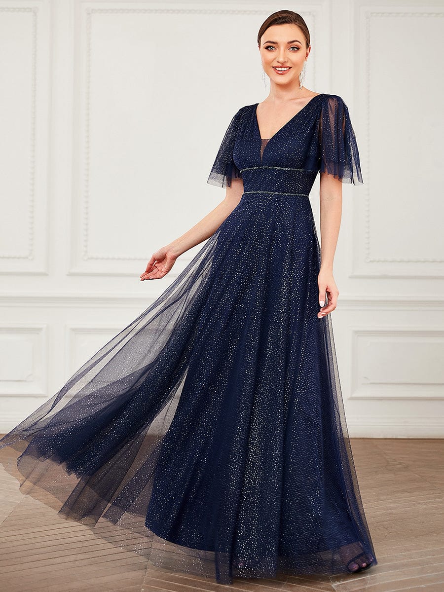 Cute Deep V Neck Maxi A-Line Tulle Evening Dress #color_Navy Blue