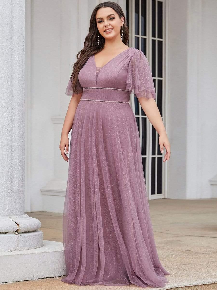 Cute Deep V Neck Maxi A-Line Tulle Evening Dress #color_Purple Orchid