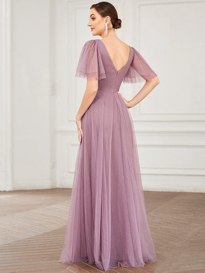 Cute Deep V Neck Maxi A-Line Tulle Evening Dress #color_Purple Orchid