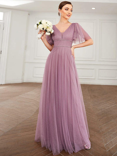 Cute Deep V Neck Maxi A-Line Tulle Evening Dress #color_Purple Orchid