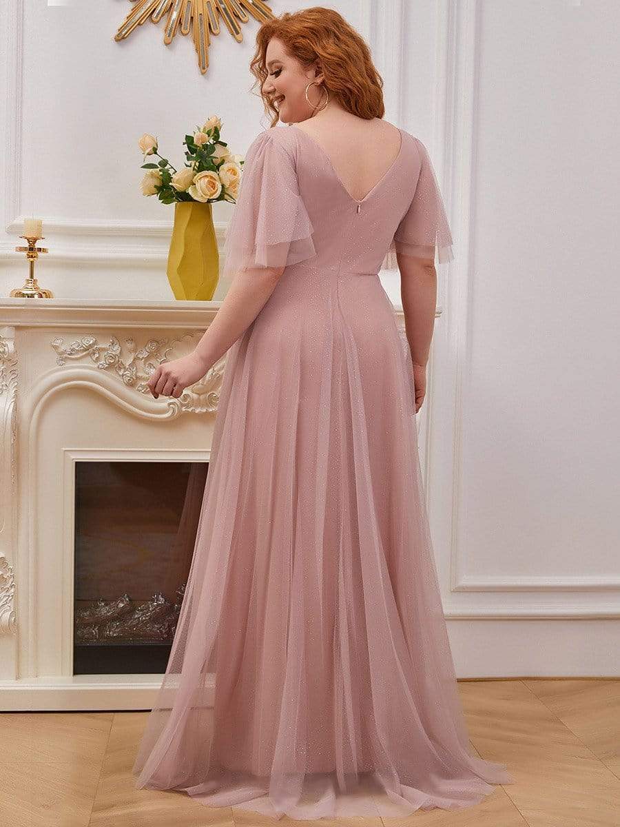 Romantic Plus Size Tulle Evening Dress with Deep V Neck #color_Pink