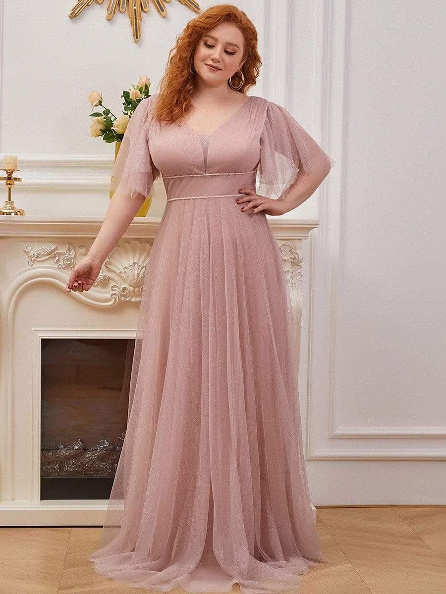 Romantic Plus Size Tulle Evening Dress with Deep V Neck #color_Pink