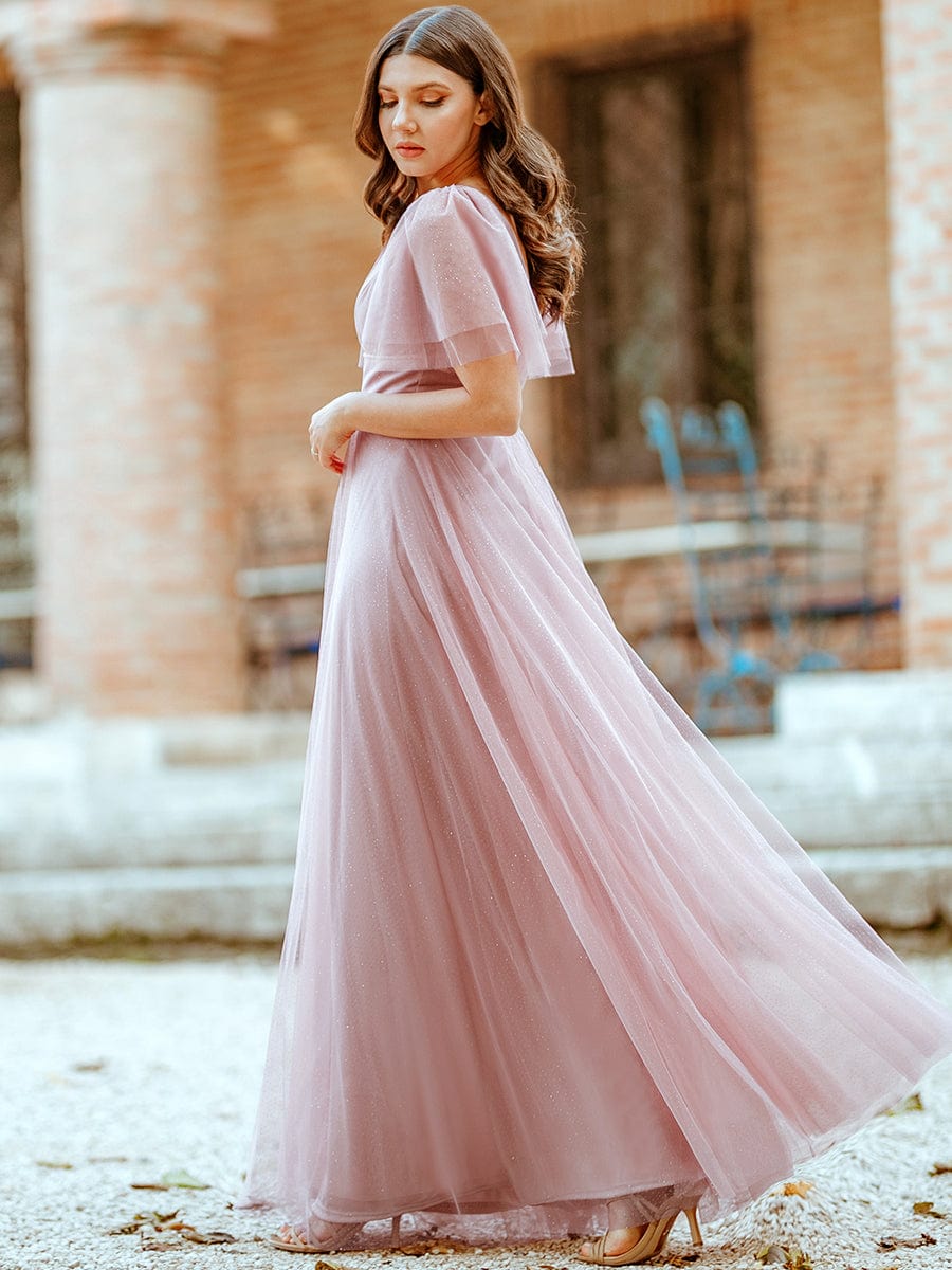 Cute Deep V Neck A-Line Tulle Long Wedding Guest Dress #color_Pink