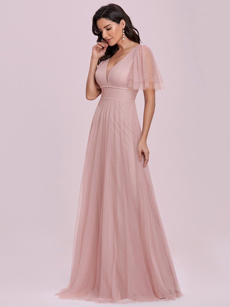 Cute Deep V Neck Maxi A-Line Tulle Evening Dress #color_Pink